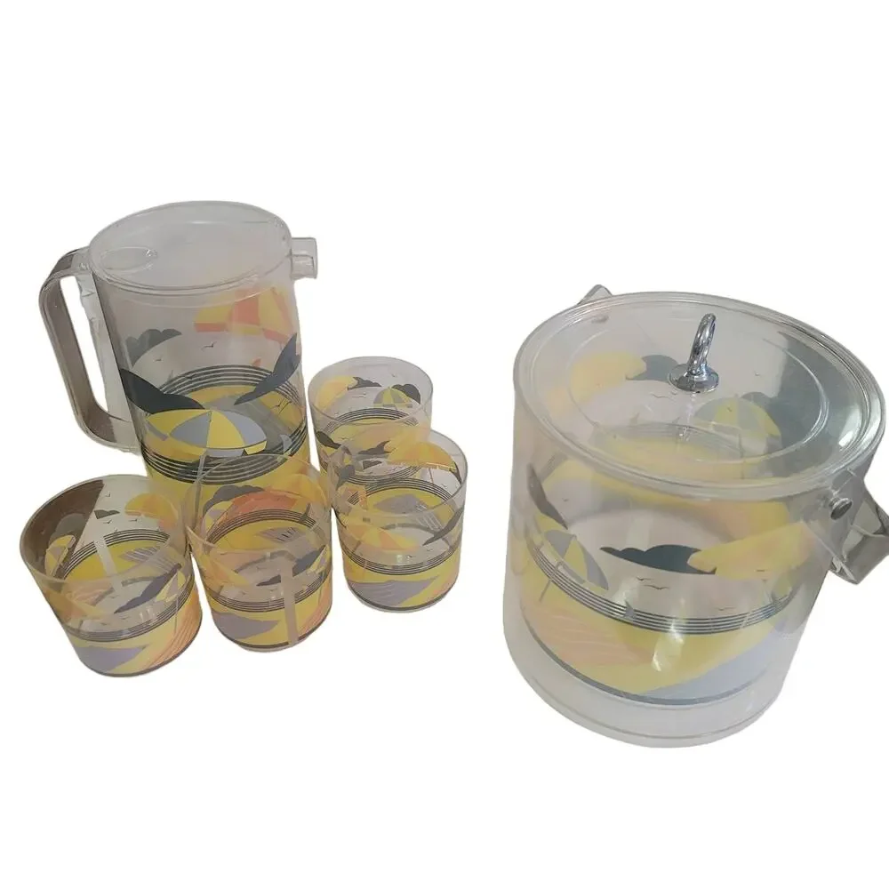 6 Pc. Vintage Acrylic Beach Coastal Drinkware Set Ice bucket pitcher 4 tumblers